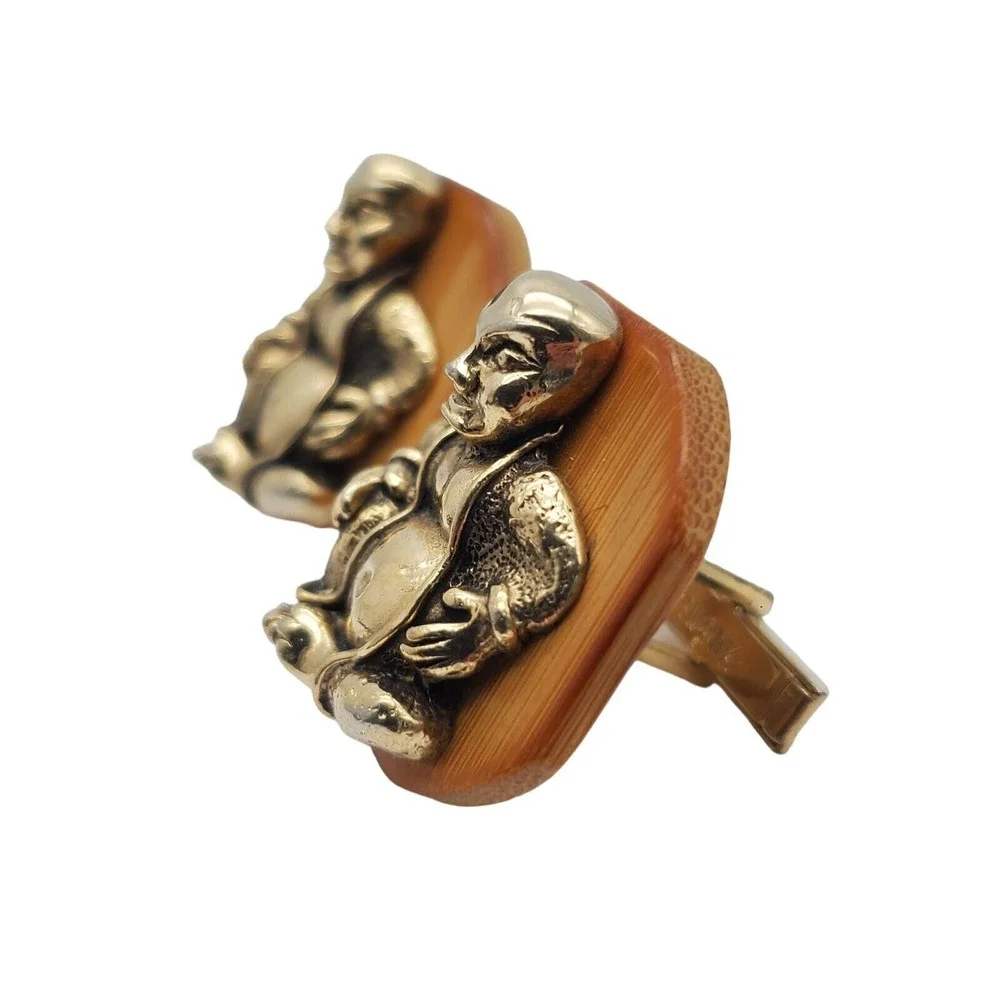 Laughing Buddha Bamboo Cufflinks Swank MCM Figural‎ Cuff Links Vintage Buddhist